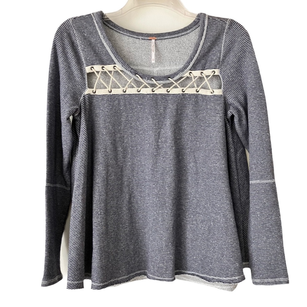Free People Sweatshirt, Sz. XS, Blue/Gray Stripe, Open String Laced Accent